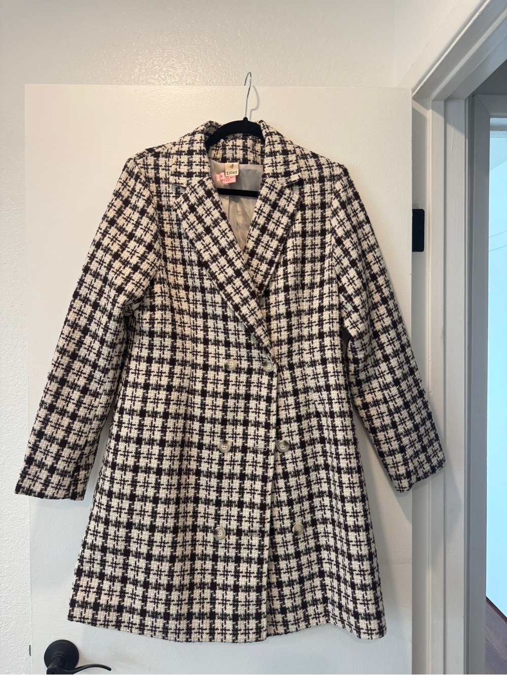 IJOAH Tweed Double-Breasted Coat Blazer | Size Medium | Black & Cream Plaid